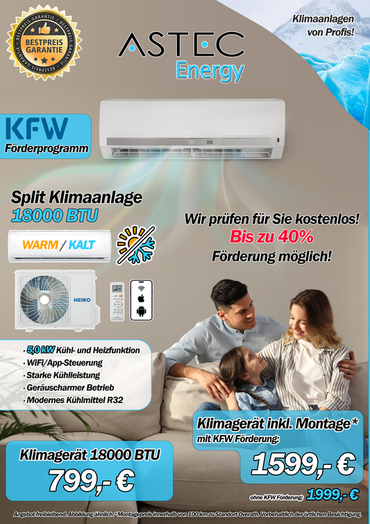 HEIKO Split Klimaanlage 18000 BTU Klimagerät Klima 5 kW R32 + Montageset inkl.