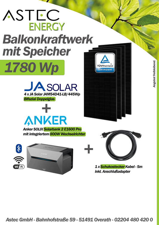 1780W Balkonkraftwerk mit Speicher - 4x JaSolar 445W Full Black bifazial & Anker Solix Solarbank 2 Pro