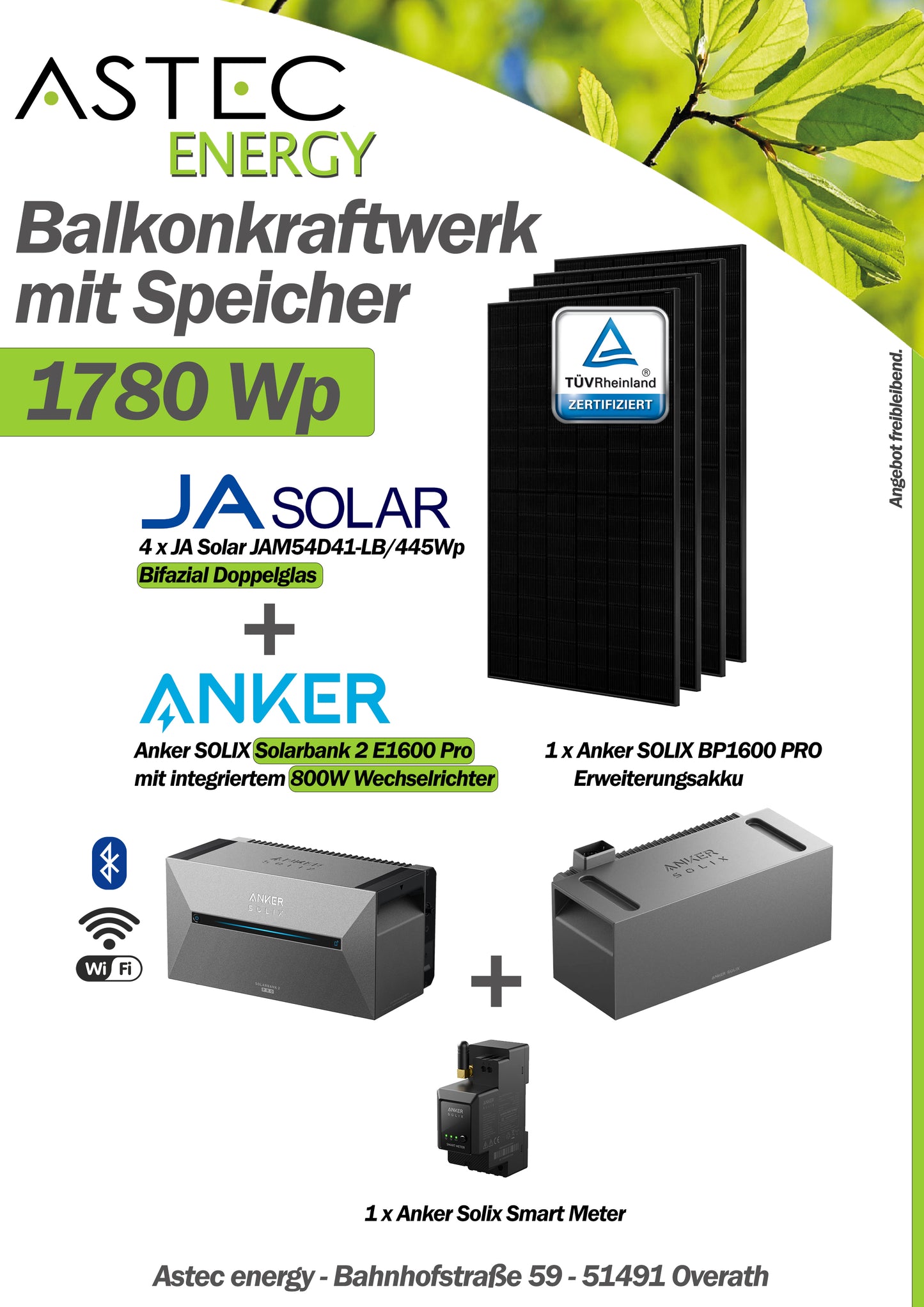 1780W Balkonkraftwerk mit Speicher - 4x JaSolar 445W Full Black bifazial +Anker Solix Solarbank 2 Pro & Anker Solix BP1600