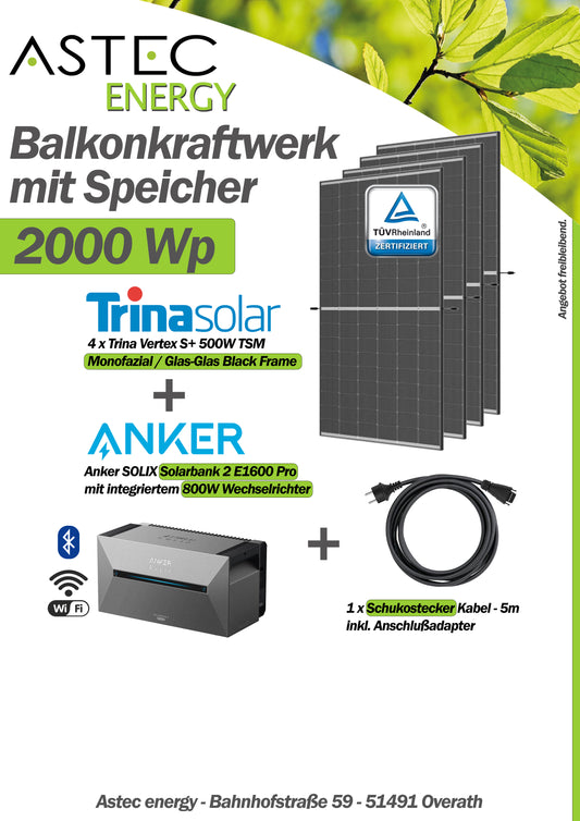 2000W Balkonkraftwerk mit Speicher - 4x Trina Solar 500W Glas/Glas Black Frame + Anker Solix Solarbank 2 Pro