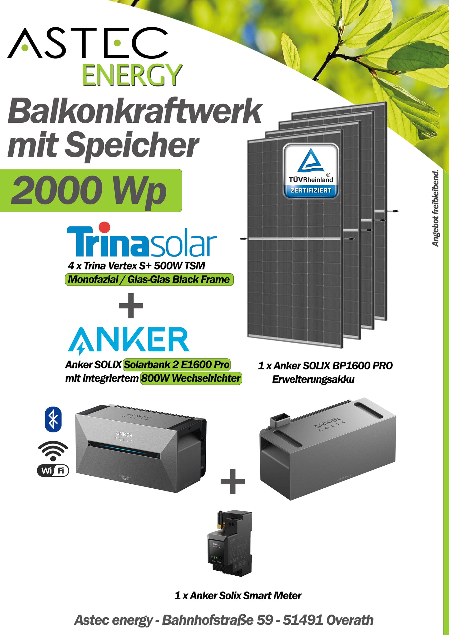 2000W Balkonkraftwerk mit Speicher - 4x Trina Solar 500W Glas/Glas Black Frame + Anker Solix Solarbank 2 Pro + Smartmeter + Anker BP1600 Erweiterung