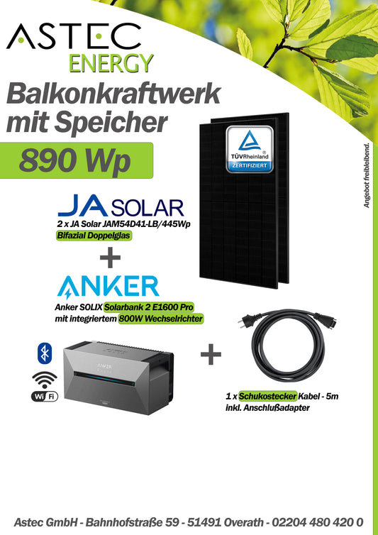 890W Balkonkraftwerk mit Speicher - 2x JaSolar 445W Full Black bifazial & Anker Solix Solarbank 2 Pro