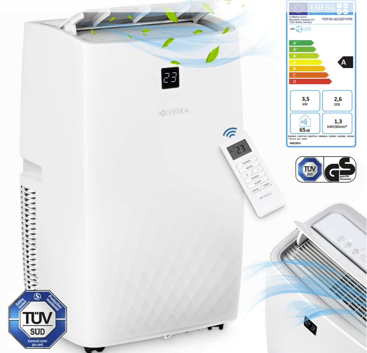 VESKA Klimagerät Klimaanlage Mobil 12000 BTU/h - 3.500 Watt