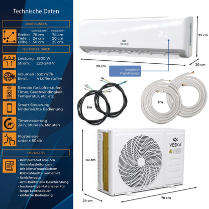 VESKA Split Klimaanlage 12000 BTU WIFI APP 3,5KW WARM/KALT