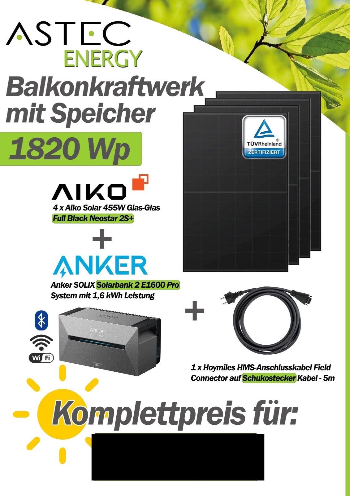 1820W Balkonkraftwerk mit Speicher - 4x Aiko Solar 455W Full Black & Anker Solix Solarbank 2 Pro